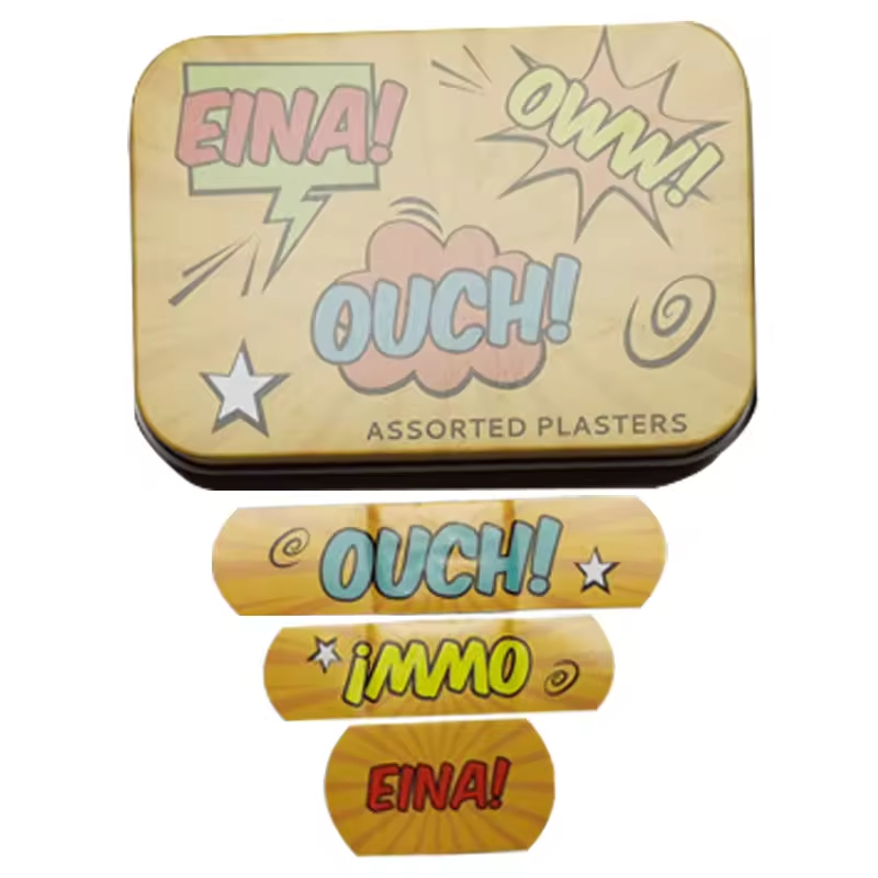 Bandagens impressas em desenho animado de plástico PE, caixa de lata de metal, curativos adesivos coloridos