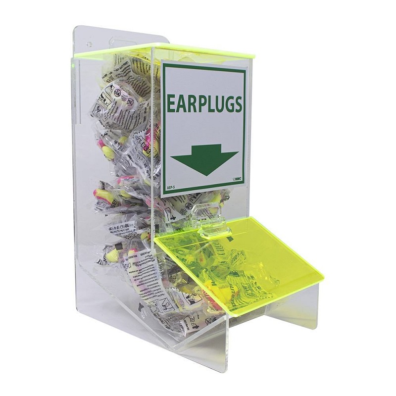 Dispensador de protetores auriculares compactos de acrílico para montagem em parede, dispensador de protetores auriculares de EPI de segurança